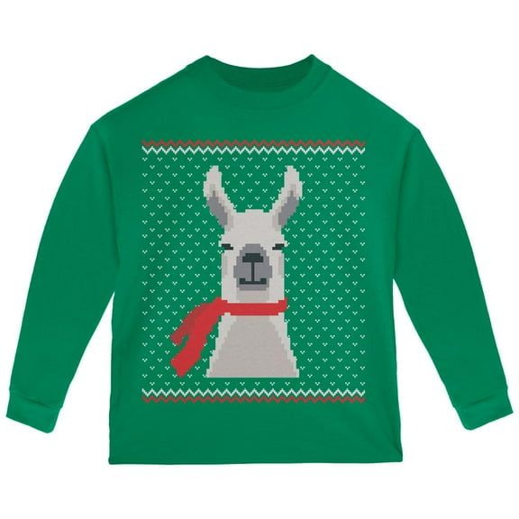 Ugly Christmas Sweater Big Llama Green Toddler Long Sleeve T-Shirt - 3T