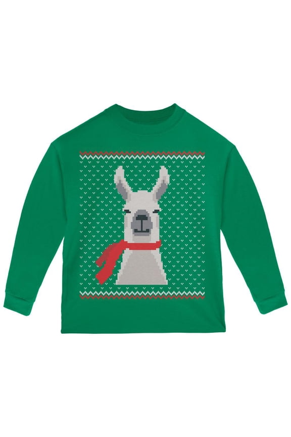 Ugly Christmas Sweater Big Llama Green Toddler Long Sleeve T-Shirt - 4T