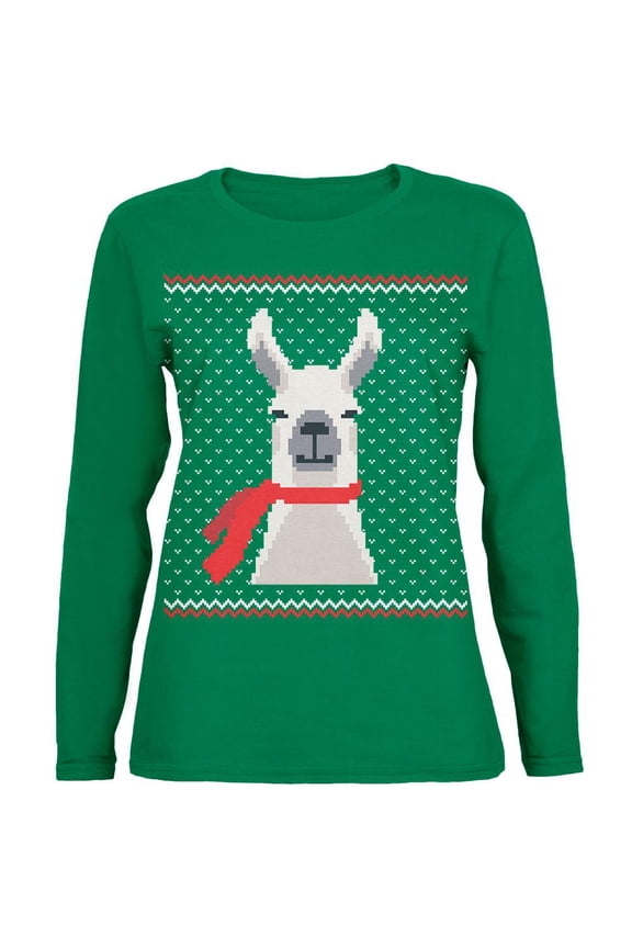 Ugly Christmas Sweater Big Llama Green Womens Long Sleeve T-Shirt - Large