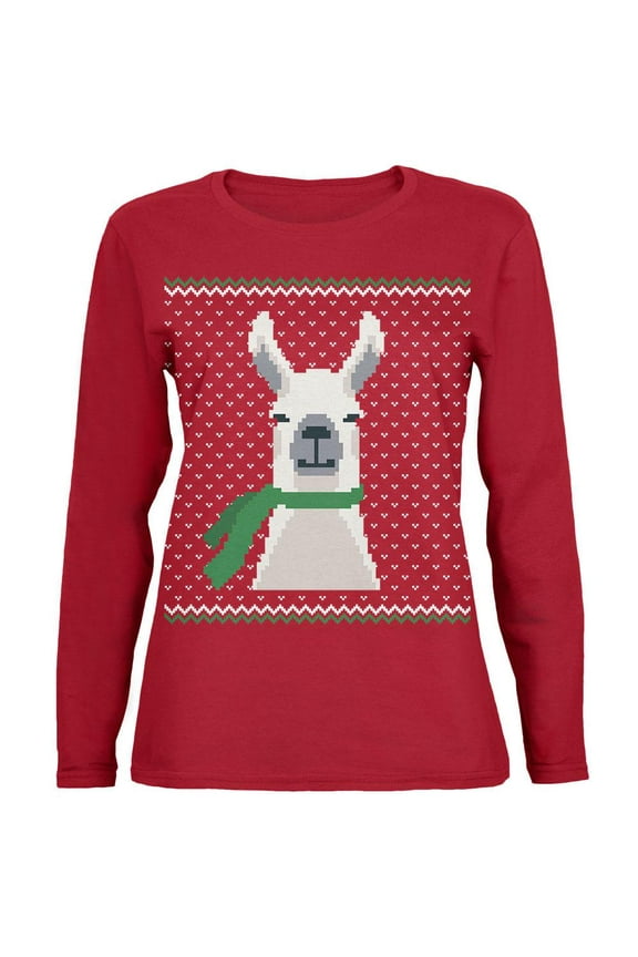 Ugly Christmas Sweater Big Llama Green Womens Long Sleeve T Shirt