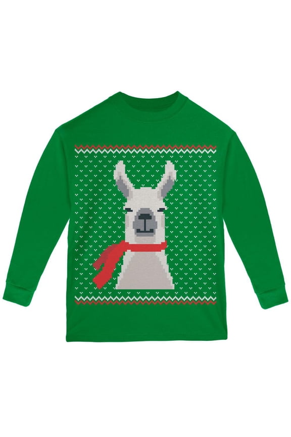 Ugly Christmas Sweater Big Llama Green Youth Long Sleeve T-Shirt - Kids Large