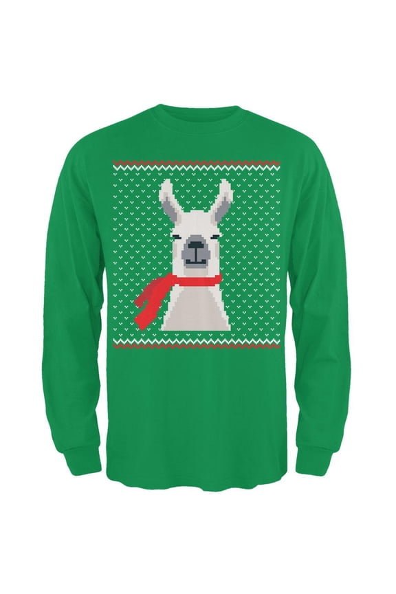 Ugly Christmas Sweater Big Llama Irish Green Adult Long Sleeve T-Shirt - Small