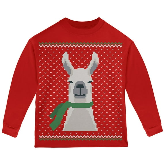 Ugly Christmas Sweater Big Llama Red Toddler Long Sleeve T-Shirt - 4T