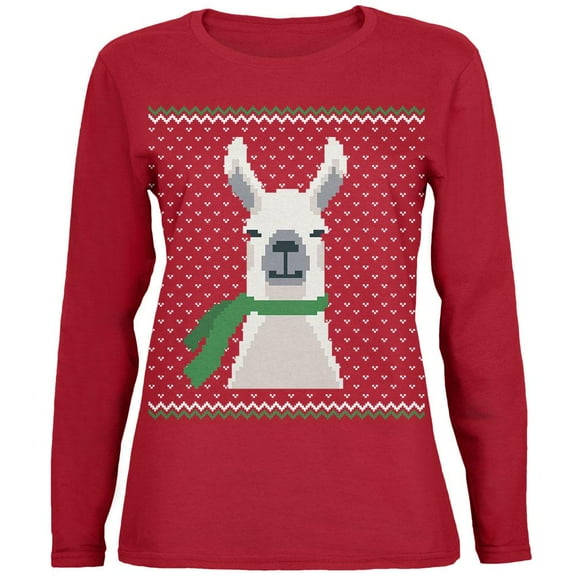 Ugly Christmas Sweater Big Llama Red Womens Long Sleeve T-Shirt