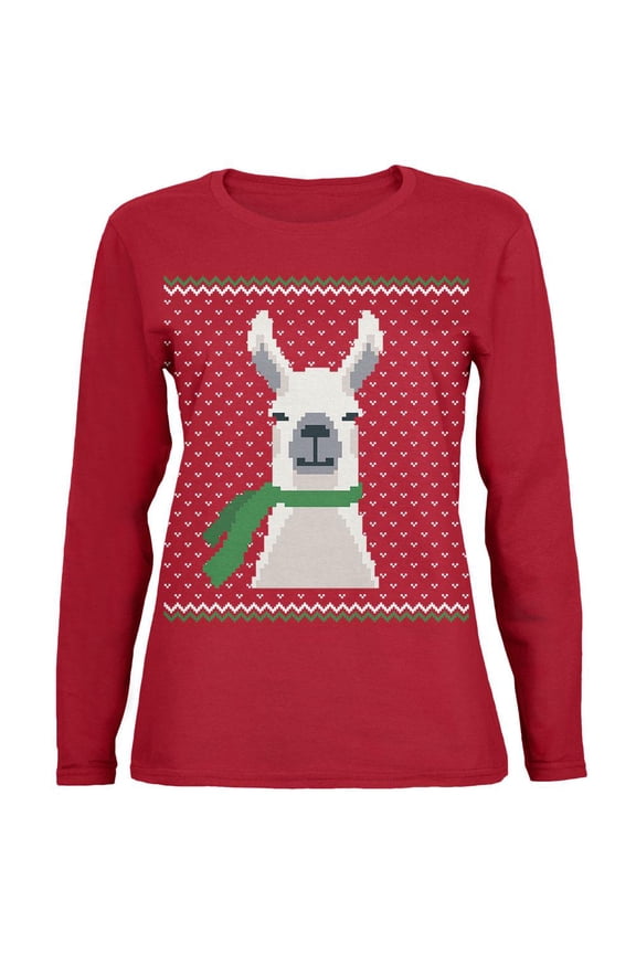 Ugly Christmas Sweater Big Llama Red Womens Long Sleeve T-Shirt
