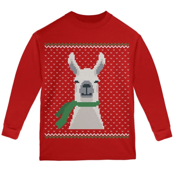 Ugly Christmas Sweater Big Llama Red Youth Long Sleeve T-Shirt - X-Large(18)