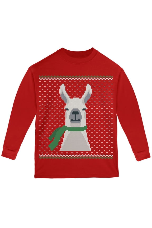 Ugly Christmas Sweater Big Llama Red Youth Long Sleeve T-Shirt - X-Large(18)
