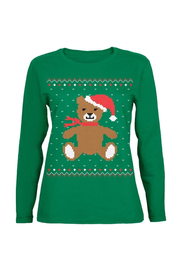Ugly Christmas Sweater Big Teddy Bear Green Womens Long Sleeve T-Shirt