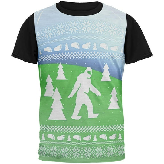Ugly Christmas Sweater Bigfoot Sasquatch Yeti All Over Mens Black Back T Shirt Multi SM