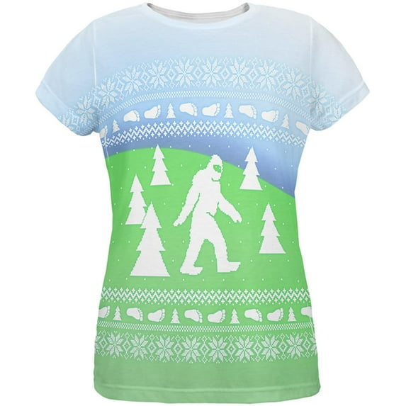 Ugly Christmas Sweater Bigfoot Sasquatch Yeti All Over Womens T Shirt Multi 2XL