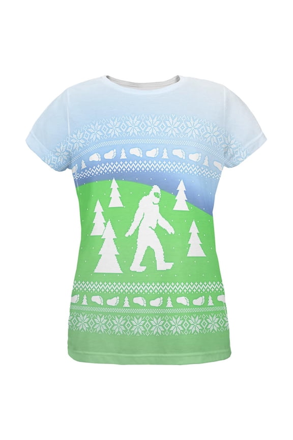Ugly Christmas Sweater Bigfoot Sasquatch Yeti All Over Womens T Shirt Multi MD