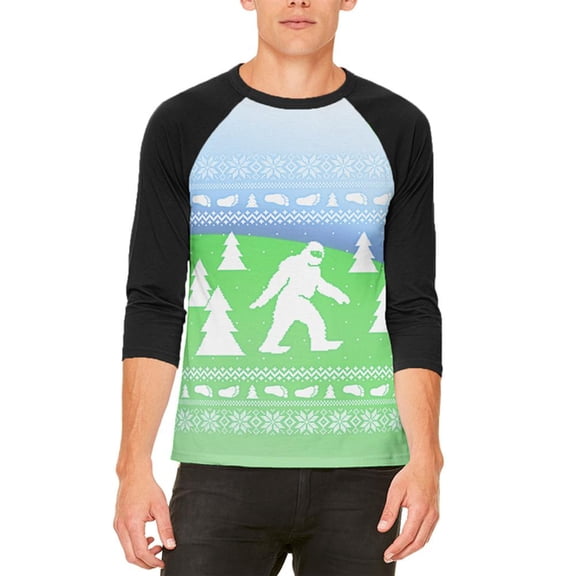 Ugly Christmas Sweater Bigfoot Sasquatch Yeti Mens Raglan T Shirt White-Black MD