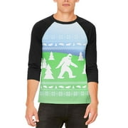 Ugly Christmas Sweater Bigfoot Sasquatch Yeti Mens Raglan T Shirt White-Black SM