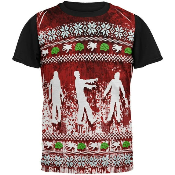 Ugly Christmas Sweater Bloody Zombie Attack Survivor All Over Mens Black Back T Shirt Multi SM