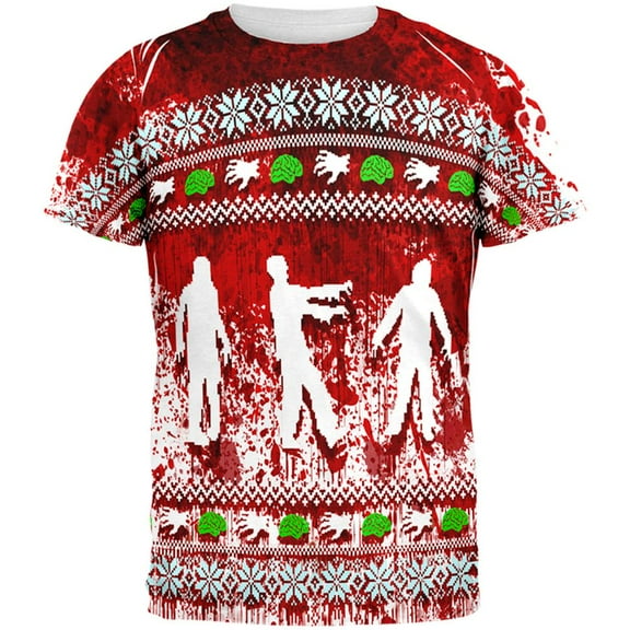 Ugly Christmas Sweater Bloody Zombie Attack Survivor All Over Mens T Shirt Multi LG