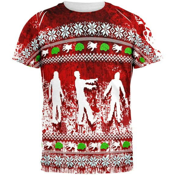 Ugly Christmas Sweater Bloody Zombie Attack Survivor All Over Mens T Shirt Multi LG