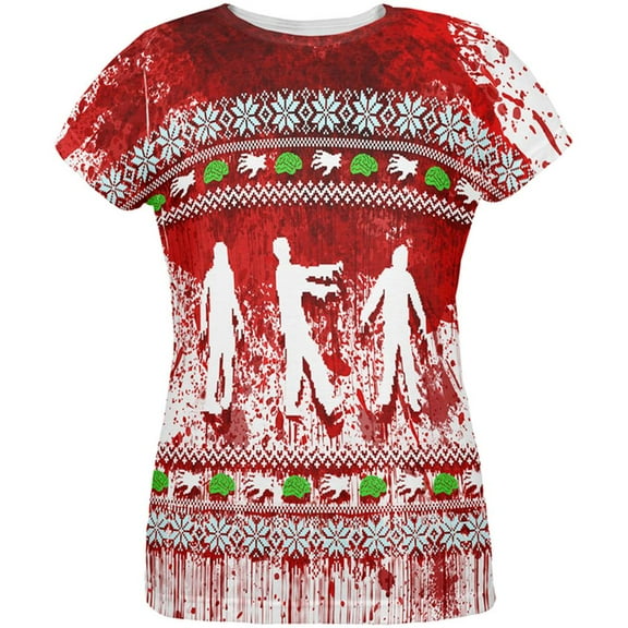 Ugly Christmas Sweater Bloody Zombie Attack Survivor All Over Womens T Shirt Multi X-LG