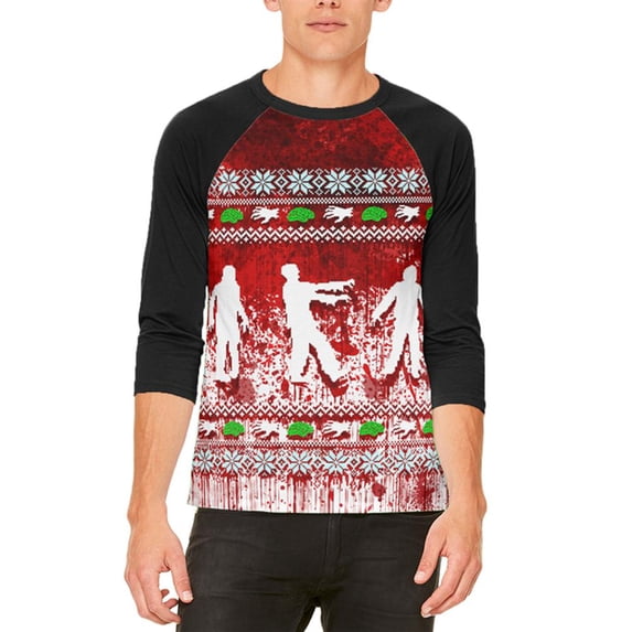 Ugly Christmas Sweater Bloody Zombie Attack Survivor Mens Raglan T Shirt White-Black MD
