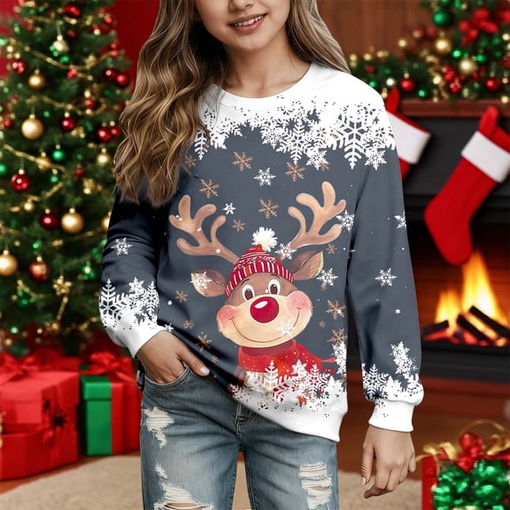 Ugly Christmas Sweater Boys Girls Knit Santa Reindeer Holiday Crewneck Xmas Sweaters for School Party Jumper