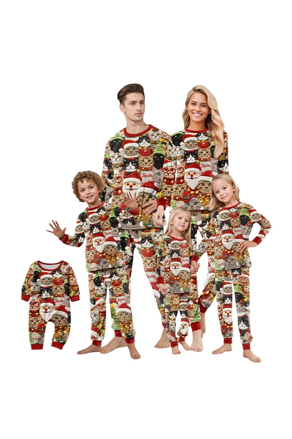 Ugly Christmas Sweater Crewneck Long Sleeve Knitted Cat Santa Clause Print Sweater Family Christmas Pajamas Matching Set for Couples Men Women