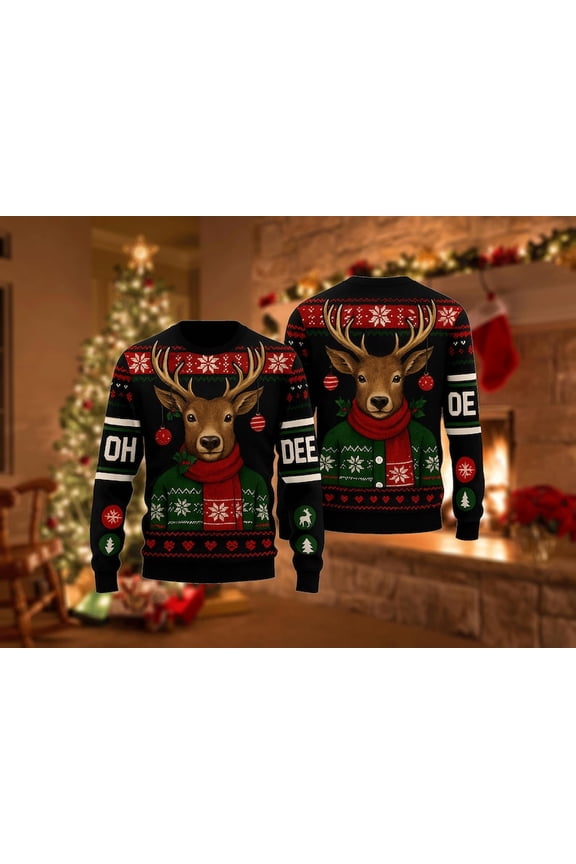 Ugly Christmas Sweater Deer, Funny Oh Deer Xmas Sweatshirt, Holiday Party Outfit, Reindeer Winter Pullover Gift Shirt