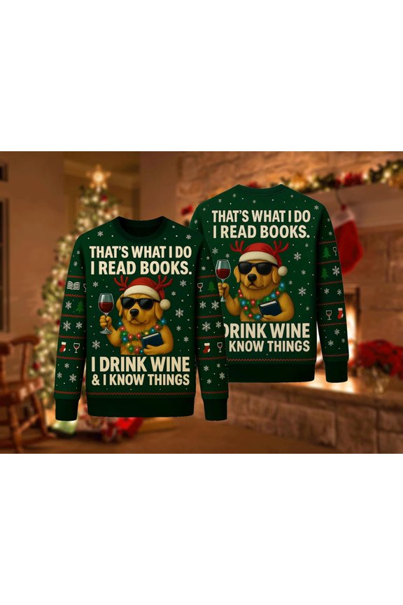 Ugly Christmas Sweater Dog Wine Books, Funny Reading Xmas Sweatshirt, Holiday Party Pullover, Book Lover Gift Top