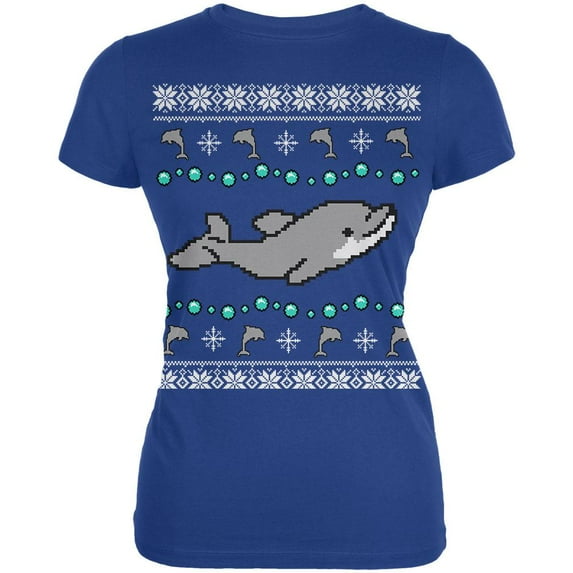 Ugly Christmas Sweater Dolphin Juniors Soft T Shirt Royal YXL