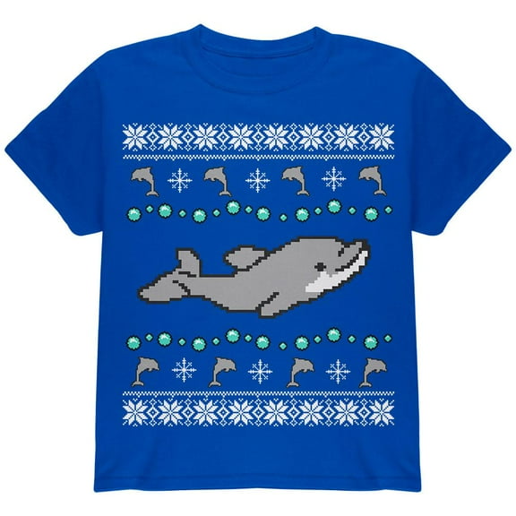 Ugly Christmas Sweater Dolphin Youth T Shirt Royal YXL