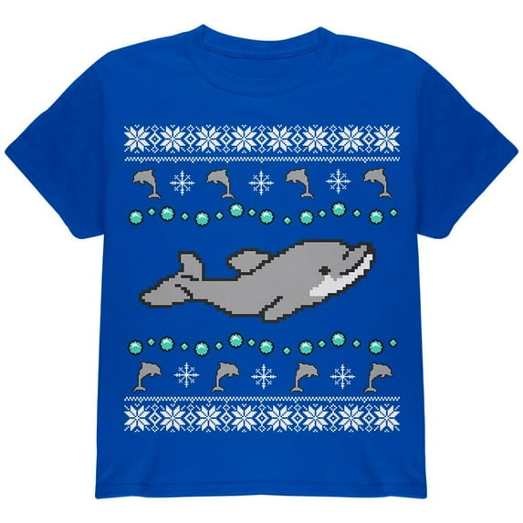 Ugly Christmas Sweater Dolphin Youth T Shirt Royal YXL