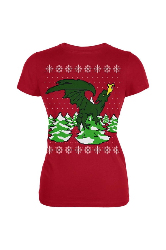 Ugly Christmas Sweater Dragon Winter Juniors Soft T Shirt Red 2XL