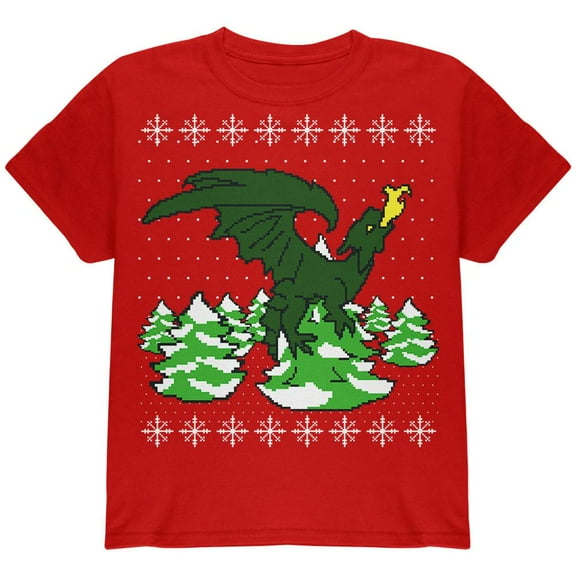 Ugly Christmas Sweater Dragon Winter Youth T Shirt Red YLG
