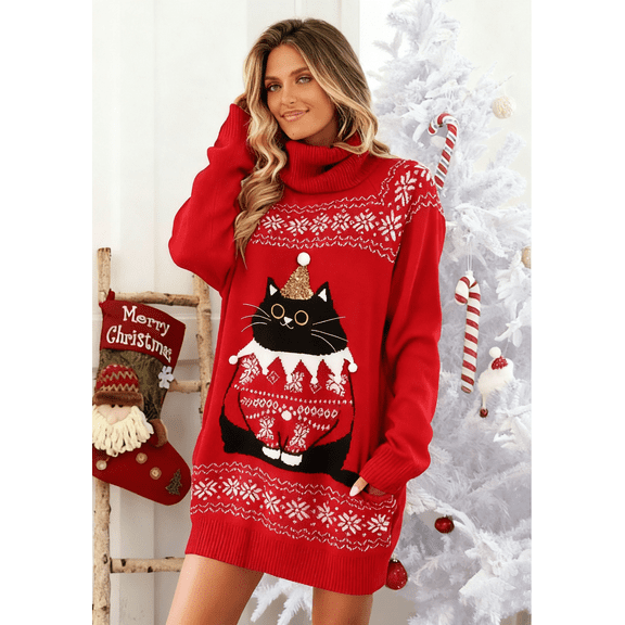 UZMOG Christmas Sweaters Dresses for Women, Ugly Sweater Oversized Loose Fit Knit Long Sleeve Dress with Pocket, Winter Fashion Clothing