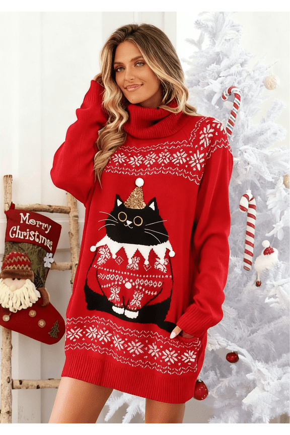 Christmas Sweaters Dresses for Women, Ugly Sweater Oversized Loose Fit Knit Long Sleeve Dress with Pocket, Winter Fashion Clothing
