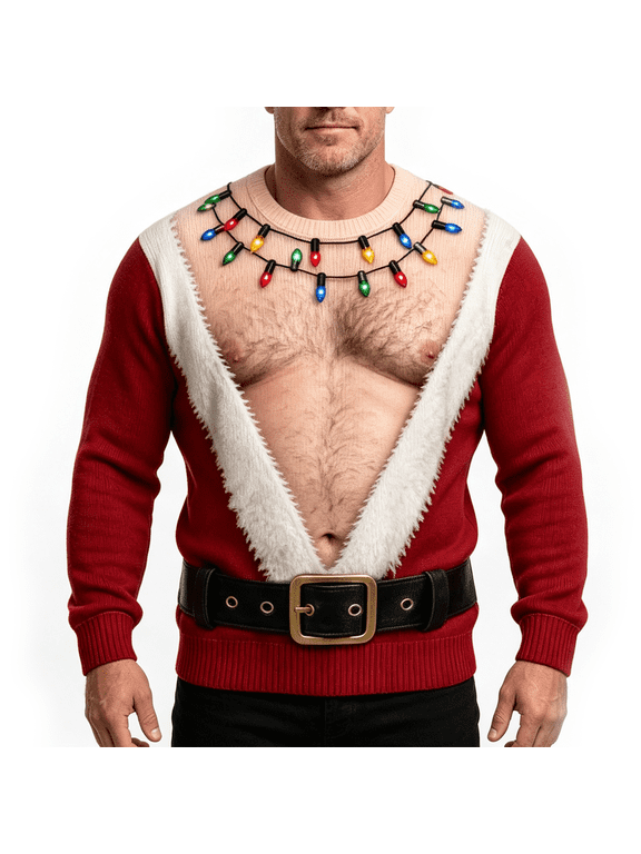 Ugly Christmas Sweater Hairy Chest, Funny 3D Hairy Chest, White Elephant Gag Gift for Men Dad Husband