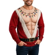 Ugly Christmas Sweater Hairy Chest Shirt Funny Santa Long Sleeve Shirts Men Santa Abs on Full Display 3D Body Crew Neck Pullover Ribbed Cuffs and Hem Holiday Parties Photos Seasonal Wear