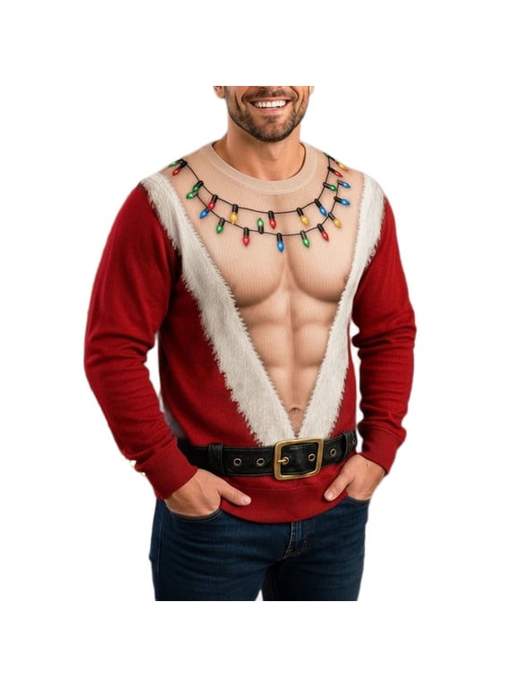 Ugly Christmas Sweater Hairy Chest Shirt Funny Santa Long Sleeve Shirts Men Santa Abs on Full Display 3D Body Crew Neck Pullover Ribbed Cuffs and Hem Holiday Parties Photos Seasonal Wear
