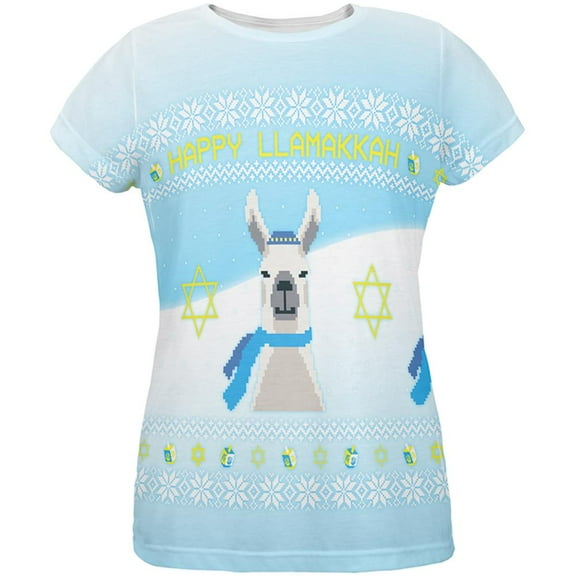 Ugly Christmas Sweater Llama Llamakkah Hanukkah All Over Womens T Shirt Multi 2XL
