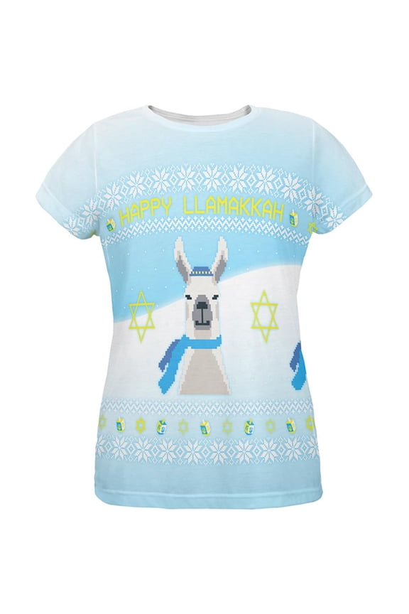Ugly Christmas Sweater Llama Llamakkah Hanukkah All Over Womens T Shirt Multi SM
