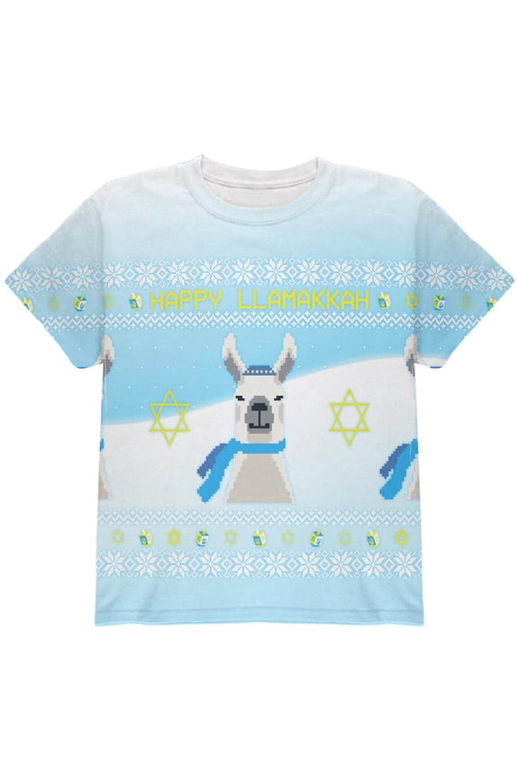 Ugly Christmas Sweater Llama Llamakkah Hanukkah All Over Youth T Shirt