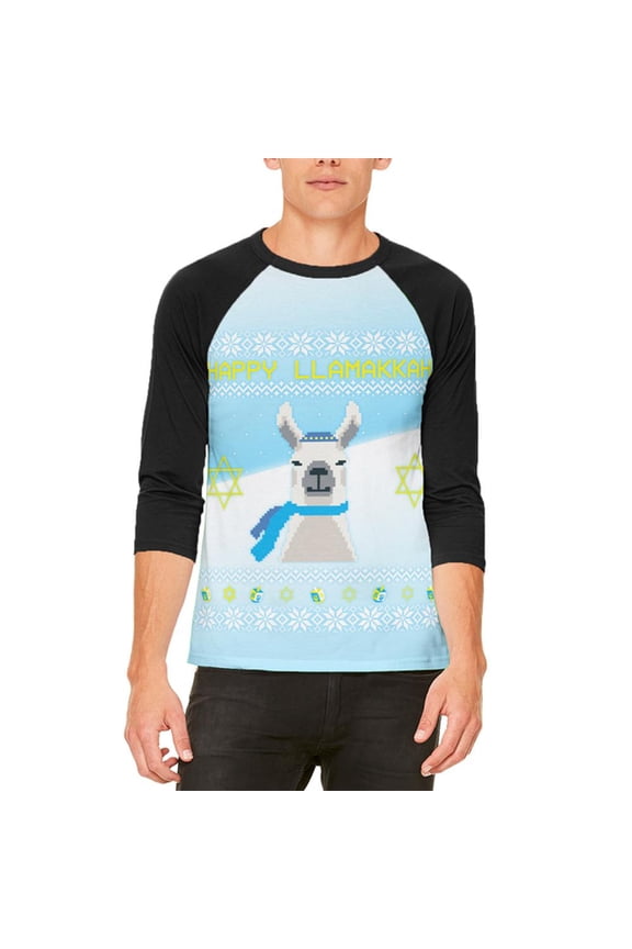 Ugly Christmas Sweater Llama Llamakkah Hanukkah Mens Raglan T Shirt White-Black MD