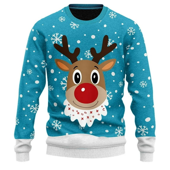 Christmas Sweater Men Funny Reindeer Print Crewneck Pullover Sweaters Long Sleeve Holiday Winter Warm Cozy Xmas Gifts Sweaters for Men