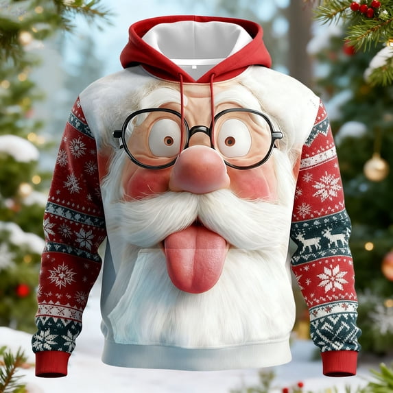 Christmas Sweater Men Funny Xmas 3D Santa Graphic Print Sweatshirt Casual Hoodies Novelty Long Sleeve Pullover Tops with Pocket White M