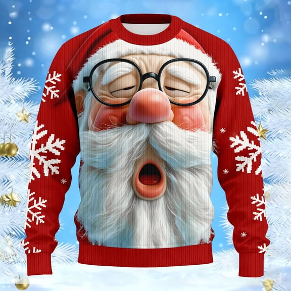 Ugly Christmas Sweater Men Funny Xmas Santa Face Print Sweatshirt Christmas Men Sweatshirt (Red-Tired Face XXL)