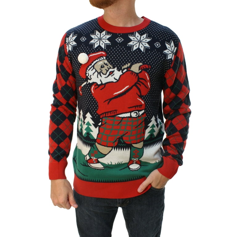 Ugly Christmas Sweater Men s Golfing Santa With 3D Pop Out Hat Sweatshirt Walmart