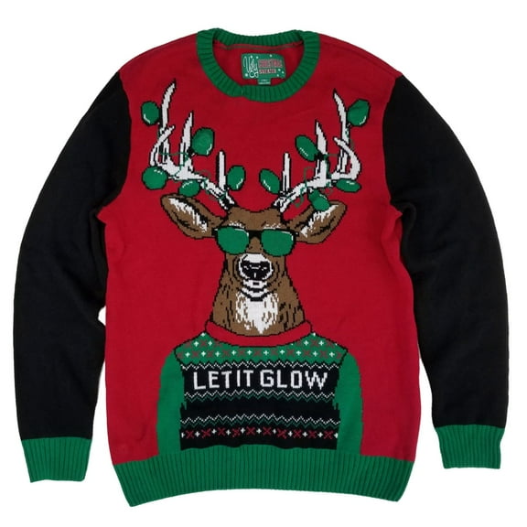 Ugly Christmas Sweater Mens Let It Glow Light Up Reindeer Crewneck Sweater