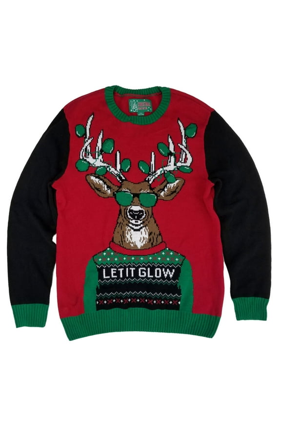 Mens Let It Glow Light Up Reindeer Crewneck Sweater