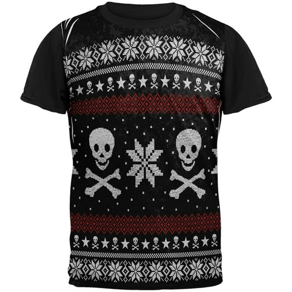 Ugly Christmas Sweater Pirate Skull and Crossbones All Over Mens Black Back T Shirt Multi MD