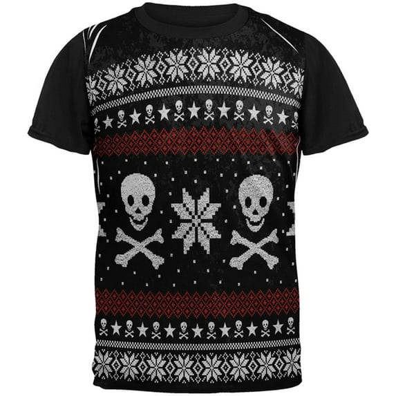 Ugly Christmas Sweater Pirate Skull and Crossbones All Over Mens Black Back T Shirt Multi X-LG