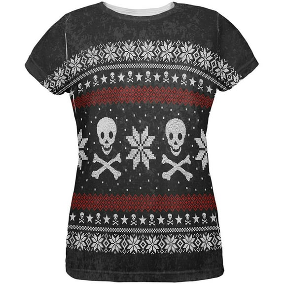 Ugly Christmas Sweater Pirate Skull and Crossbones All Over Womens T Shirt Multi LG