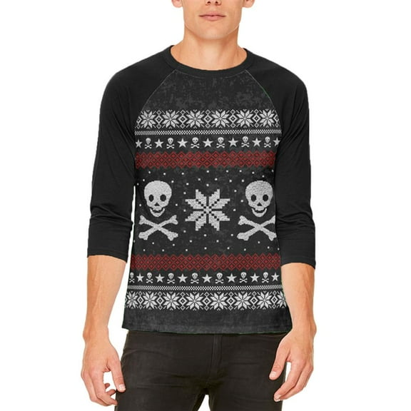 Ugly Christmas Sweater Pirate Skull and Crossbones Mens Raglan T Shirt White-Black X-LG